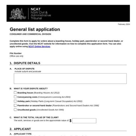 Document preview: Guide to NCAT General List Application Form in NSW — Legal & justice