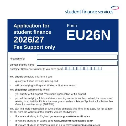 Document preview: How to Apply for Tuition Fee Only Support Using Form EU26N 2026/27 — Government & admin