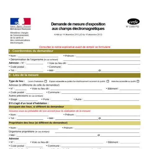 Aperçu du document Comment obtenir une mesure officielle des ondes électromagnétiques — Santé (CERFA n°15003*02)