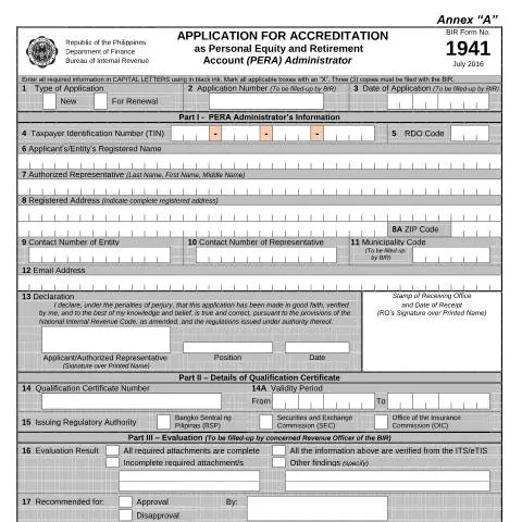 Document preview: Navigating BIR Form No. 1941 for PERA Accreditation — Taxes (CERFA n°1941)