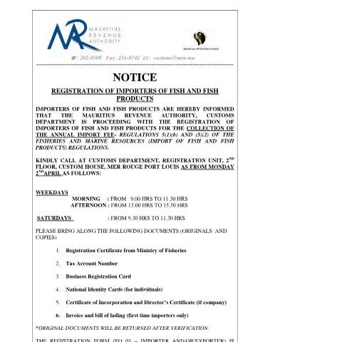 Document preview: Essential Guidelines for Importing Fish and Seafood in Mauritius — Government & admin (CERFA n°NoticeRegistrationImportersFishMarch2012)