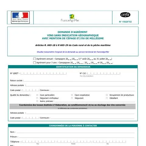 Aperçu du document Demande d'agrément pour vins sans indication géographique — Démarches administratives (CERFA n°15026*02)