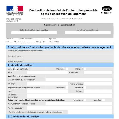 Aperçu du document Comment transférer une autorisation de mise en location à un nouveau — Logement (CERFA n°15663*01)