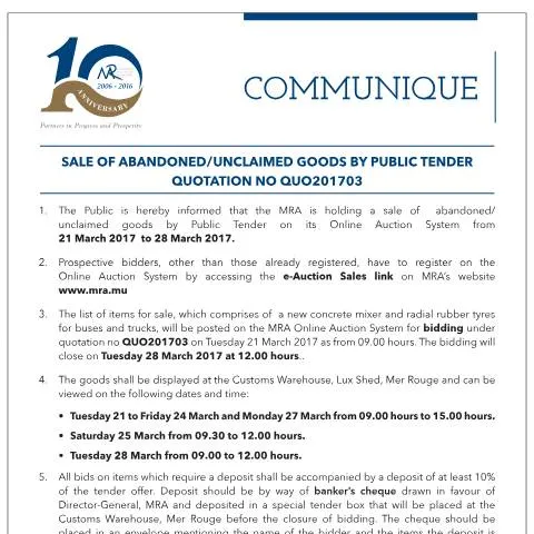 Document preview: Understanding the Public Tender for Unclaimed Goods in Mauritius — Government & admin (CERFA n°Qu03of2017)