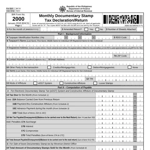 Document preview: Understanding BIR Form No. 2000 for Documentary Stamp Tax — Taxes (CERFA n°2000)