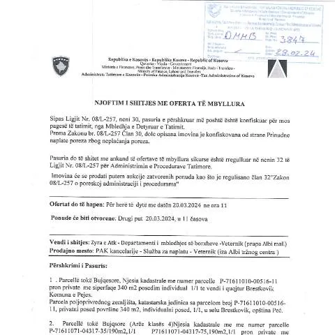 Document preview: Shitja e Pasurive të Paluajtshme me Oferta të Mbyllura — Procedura administrative