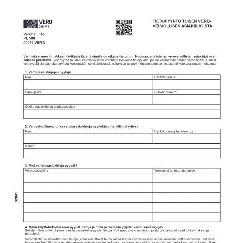 Document preview: Verotustietojen pyytäminen toisen verovelvollisen asiakirjoista — Verot & verotus (CERFA n°Vero 3284)