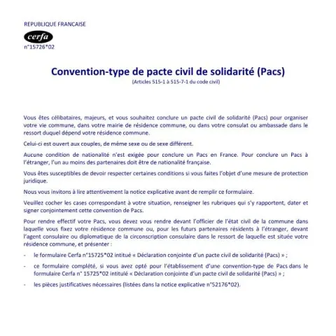 Aperçu du document Formaliser un PACS avec le formulaire Cerfa 15726*02 — État civil & identité (Cerfa 15726*02)