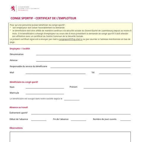 Aperçu du document Tout savoir sur le certificat de congé sportif — Emploi & travail (CERFA n°conge-sportif-certificat-employeur)