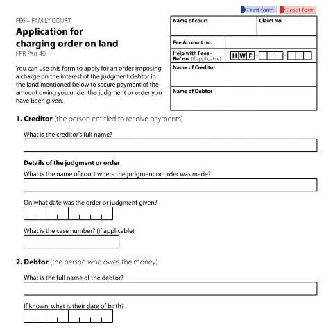 Document preview: Understanding Form FE6 for Charging Orders on Property — Legal & justice