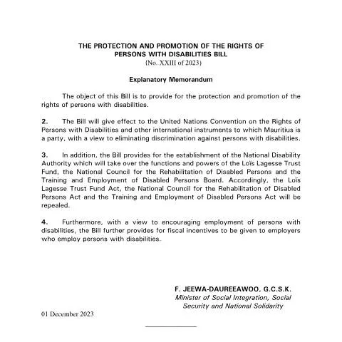 Document preview: Understanding the 2023 Disability Rights Bill in Mauritius — Legal & justice (The-Protection-and-Promotion-of-the-Rights-of-Persons-with-Disabilities-Bill-2023)