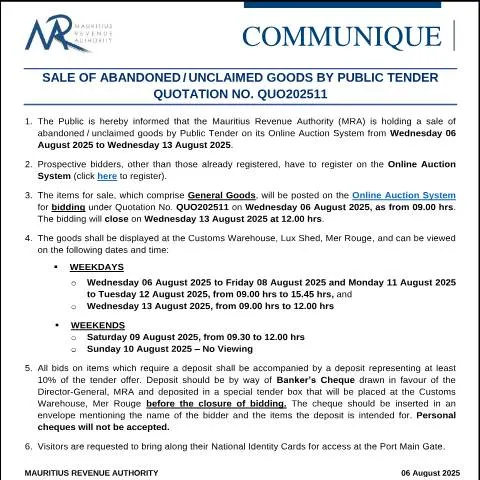 Document preview: Participate in the Public Tender for Abandoned Goods — Government & admin (CommuniqueQuo202511)