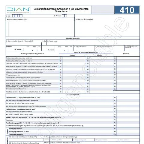 Vista previa del documento Guía de la declaración semanal de movimientos financieros en Colombia — Impuestos (CERFA n°F410-2023)