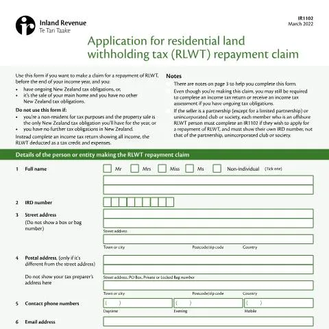 Document preview: The Role of the IR1102 Form in New Zealand Property Sales — Property & real estate (CERFA n°IR1102)