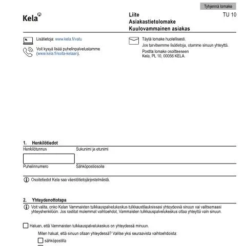 Document preview: Kuulovammaisten asiakastietolomake ja sen merkitys — Tuet & sosiaalietuudet (CERFA n°Kela TU 10)