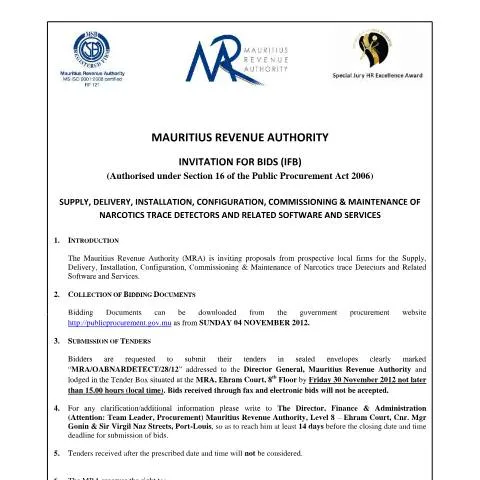 Document preview: Invitation for Bids: Narcotics Detectors Overview — Government & admin (NoticeNarcoticsTenderNov2012)