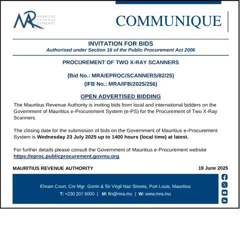 Document preview: Mauritius Revenue Authority Announces X-Ray Scanner Procurement — Government & admin (CERFA n°Communique180625)