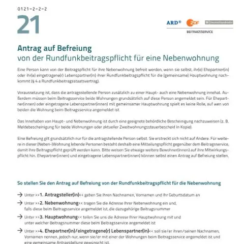 Dokumentvorschau: Befreiung von der Rundfunkbeitragspflicht für Nebenwohnungen — Behörden & Verwaltung (Antrag_auf_Befreiung_von_der_Rundfunkbeitragspflicht_fuer_eine_Nebenwohnung_0121)