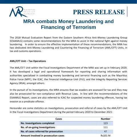 Document preview: Mauritius Revenue Authority's Role in Financial Crime Prevention — Government & admin (PressRelease250222)