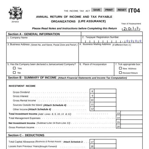 Document preview: Understanding the Jamaica IT04 2013 Income Tax Return Form — Taxes (CERFA n°IT04_2013)