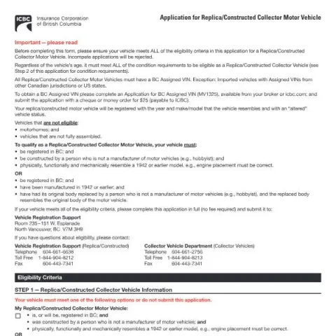 Document preview: Understanding the Application for Replica/Constructed Collector Motor — Vehicle & driving (MV1427 (062017))