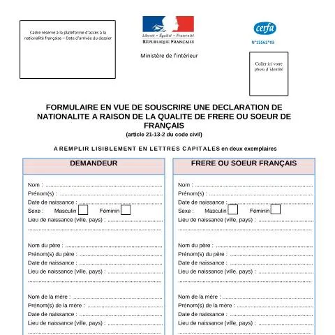 Aperçu du document Comment déclarer sa nationalité française par lien fraternel — État civil & identité (CERFA n°15562*03)