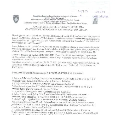 Document preview: Rëndësia e Njoftimit të Shitjes me Oferta të Mbyllura në Kosovë — Procedura administrative