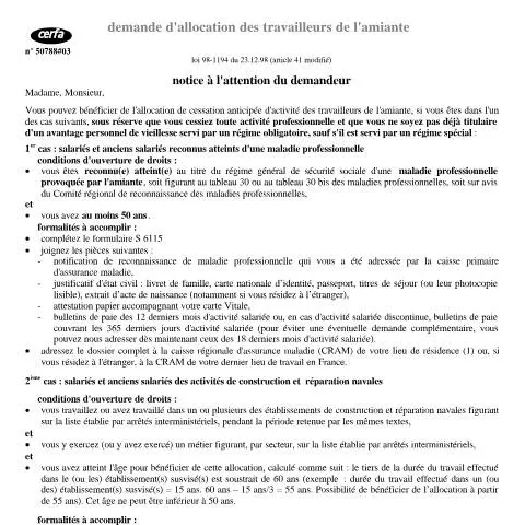 Aperçu du document Demande d'allocation amiante : guide du formulaire 11689*02 — Aides & prestations sociales (CERFA n°11689*02)