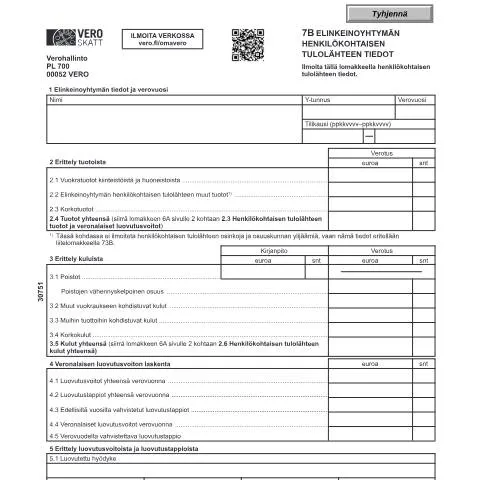 Document preview: Yrittäjien opas 7B Elinkeinoyhtymän lomakkeeseen (3075) — Verot & verotus (CERFA n°Vero 3075)