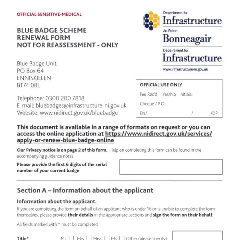 Document preview: Guide to Renewing Your Blue Badge in Northern Ireland — Government & admin