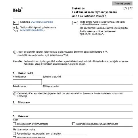 Document preview: Leskeneläkkeen täydennysmäärän hakeminen alle 65-vuotiaille — Hallinnolliset asiat (CERFA n°Kela EV 277)