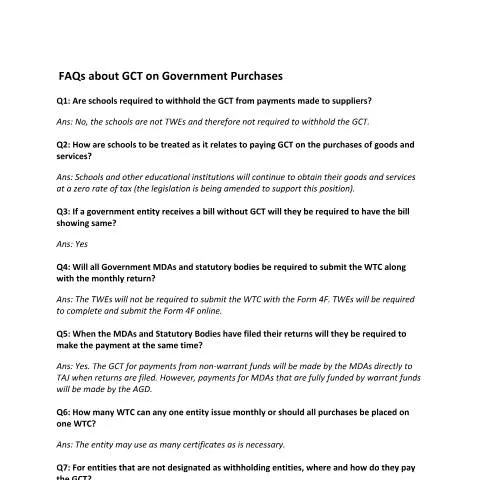 Document preview: Understanding GCT FAQs for Government Purchases in Jamaica — Taxes (CERFA n°faqs_for_gct_on_govt_purchases)