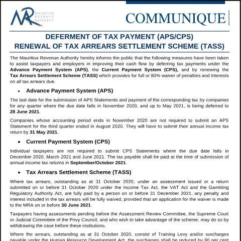 Document preview: Mauritius Revenue Authority Announces Tax Payment Relief Measures — Taxes (CERFA n°CommuniquePayment061120)