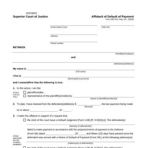 Document preview: Guide to Affidavit of Default of Payment in Ontario Court — Legal & justice (Form 20M)