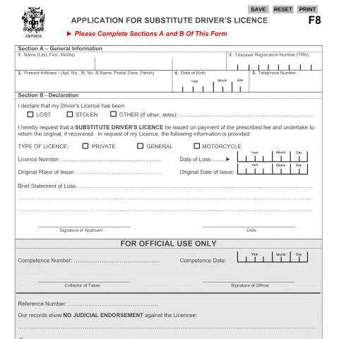 Document preview: Jamaica Substitute Driver’s Licence Application Form — Vehicle & driving (CERFA n°substitute_dl_form_oct082020)