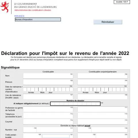 Aperçu du document Formulaire 100 F : Déclaration d'impôt sur le revenu N — Impôts & fiscalité (CERFA n°100 F)