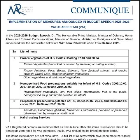 Document preview: implementation of vat measures announced in budget speech 2025-2026 — Taxes (CERFA n°CommuniqueVAT120625)