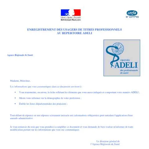 Aperçu du document Répertoire Adéli : procédure d'enregistrement des professionnels — Démarches administratives (CERFA n°13777*03)