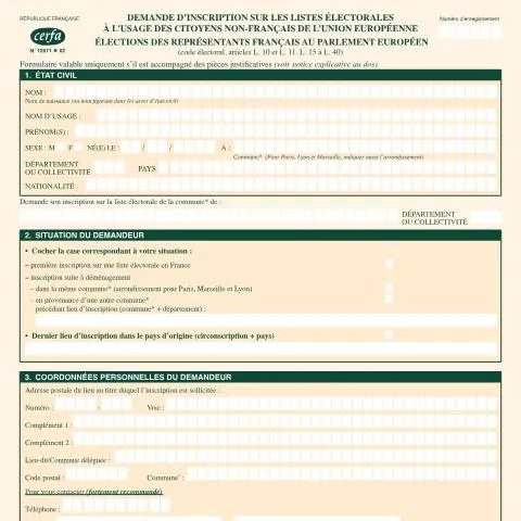 Aperçu du document Inscription aux élections européennes pour les citoyens de l'UE en — Démarches administratives (CERFA n°12671*02)