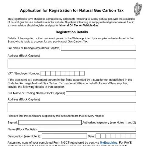 Document preview: Register for Natural Gas Carbon Tax with The Revenue Commissioners — Taxes (Form NGCT-Reg)