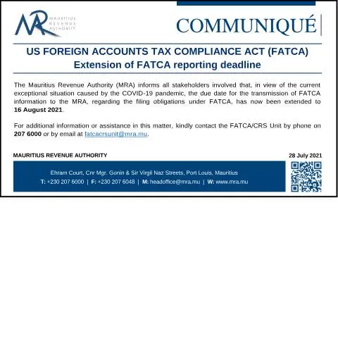 Document preview: Mauritius Extends FATCA Reporting Deadline Due to COVID-19 — Taxes (CERFA n°FATCA280721)