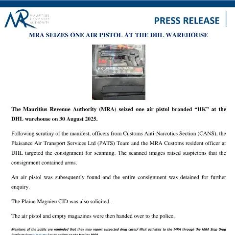 Document preview: MRA's Significant Seizure of Air Pistol at DHL Warehouse — Government & admin (PressRelease010925)