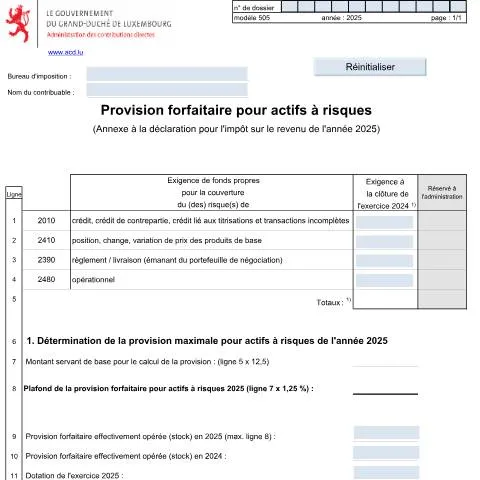 Aperçu du document Comprendre la provision forfaitaire pour actifs à risque — Démarches administratives (CERFA n°505 F)