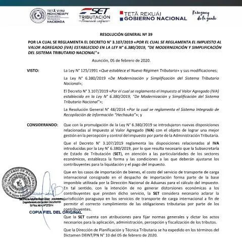 Vista previa del documento Reglamentación del IVA en Paraguay con la resolución 39/2020 — Impuestos