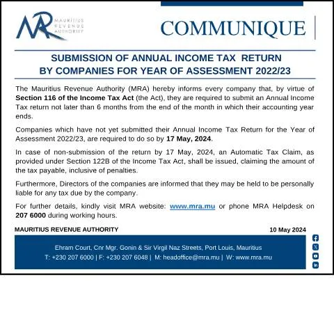 Document preview: Annual Income Tax Return Submission Deadline Approaches — Taxes (CERFA n°Communique100524)
