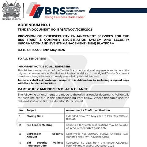 Document preview: Understanding BRS_Addendum1 FOR CYBER SECURITY in Kenya — Government & admin (CERFA n°BRS_Addendum1-FOR-CYBER-SECURITY)