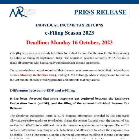 Document preview: Individual Income Tax Returns Deadline: What You Need to Know — Government & admin (PressRelease290923)