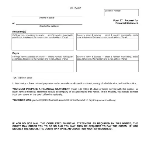 Document preview: Understanding Form 27: Financial Disclosure Request in Ontario — Legal & justice (FLR 27)