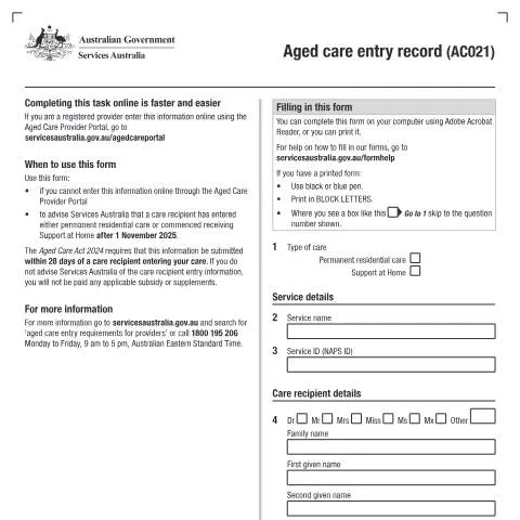 Document preview: Your Guide to the Aged Care Entry Record Form AC021 — Health (CERFA n°AC021)