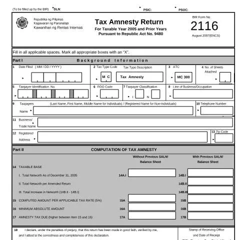 Document preview: Understanding BIR Form 2116: Tax Amnesty for 2005 and Earlier Years — Government & admin (CERFA n°2116)